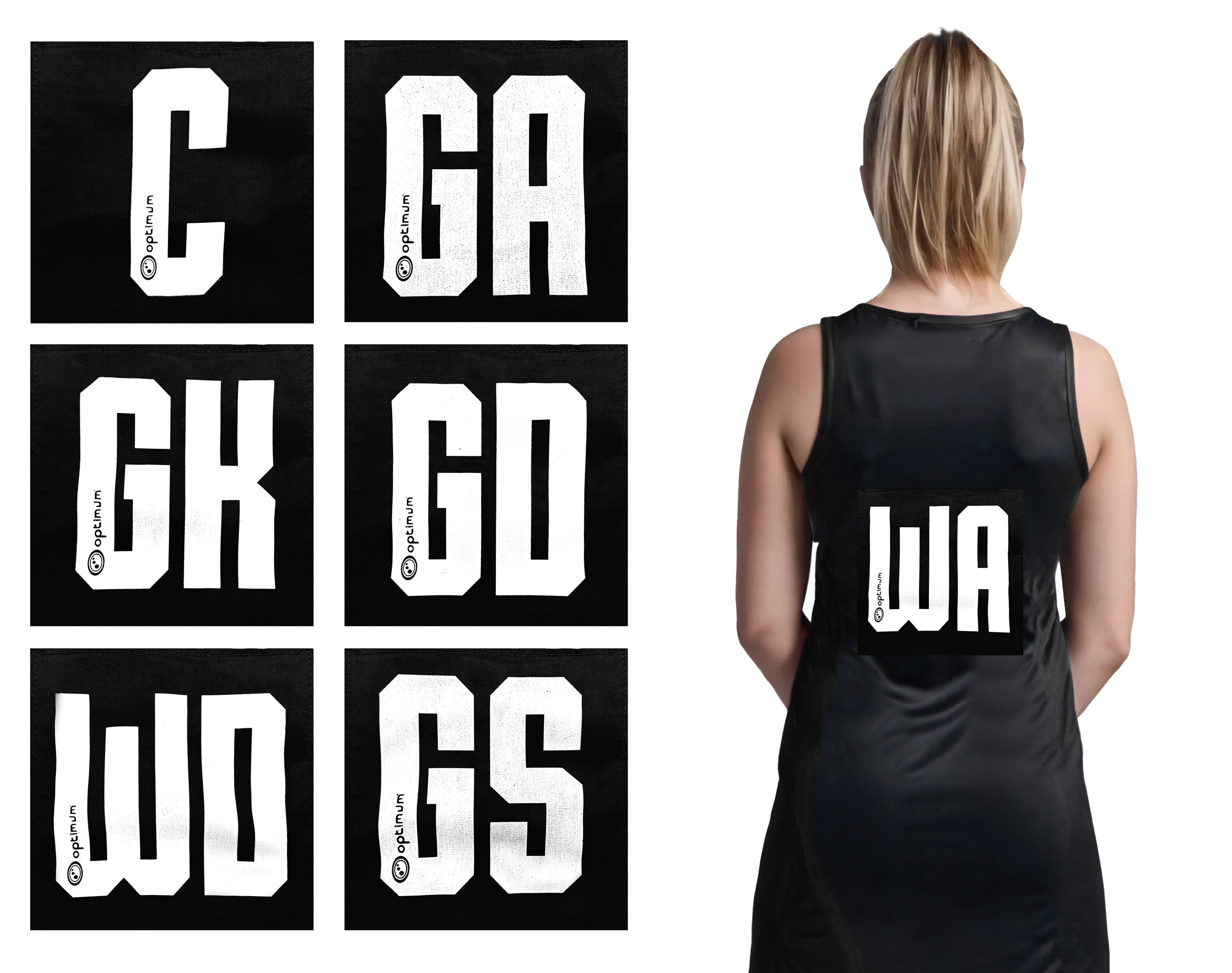 Optimum Netball Patches – Durable, Lightweight, and Adjustable Fabric Patches with Bold Lettering for Team Identification – Perfect for Training and Matches