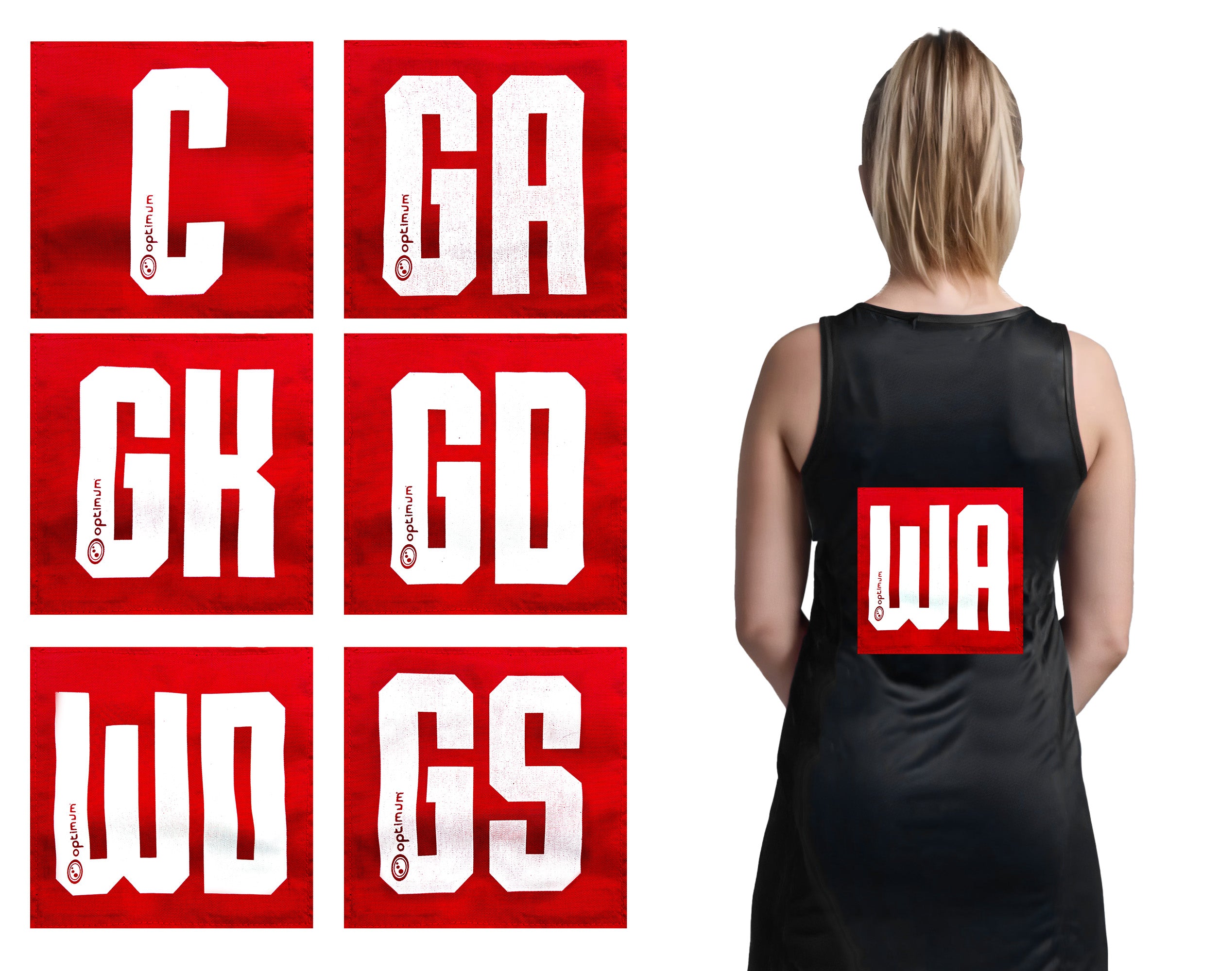 Optimum Netball Patches – Durable, Lightweight, and Adjustable Fabric Patches with Bold Lettering for Team Identification – Perfect for Training and Matches